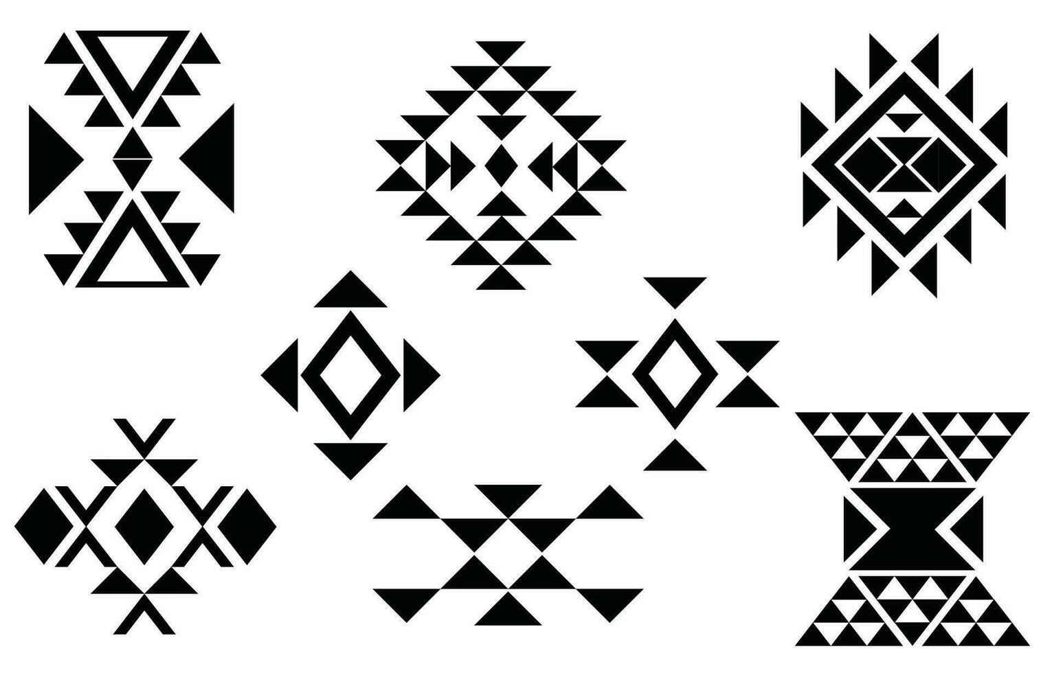 oosters etnisch patroon. reeks van etnisch ornamenten. tribal ontwerp, meetkundig symbolen voor tatoeëren, logo, kaarten, kleding stof decoratief werken. traditioneel afdrukken vector illustratie. Aan wit achtergrond.