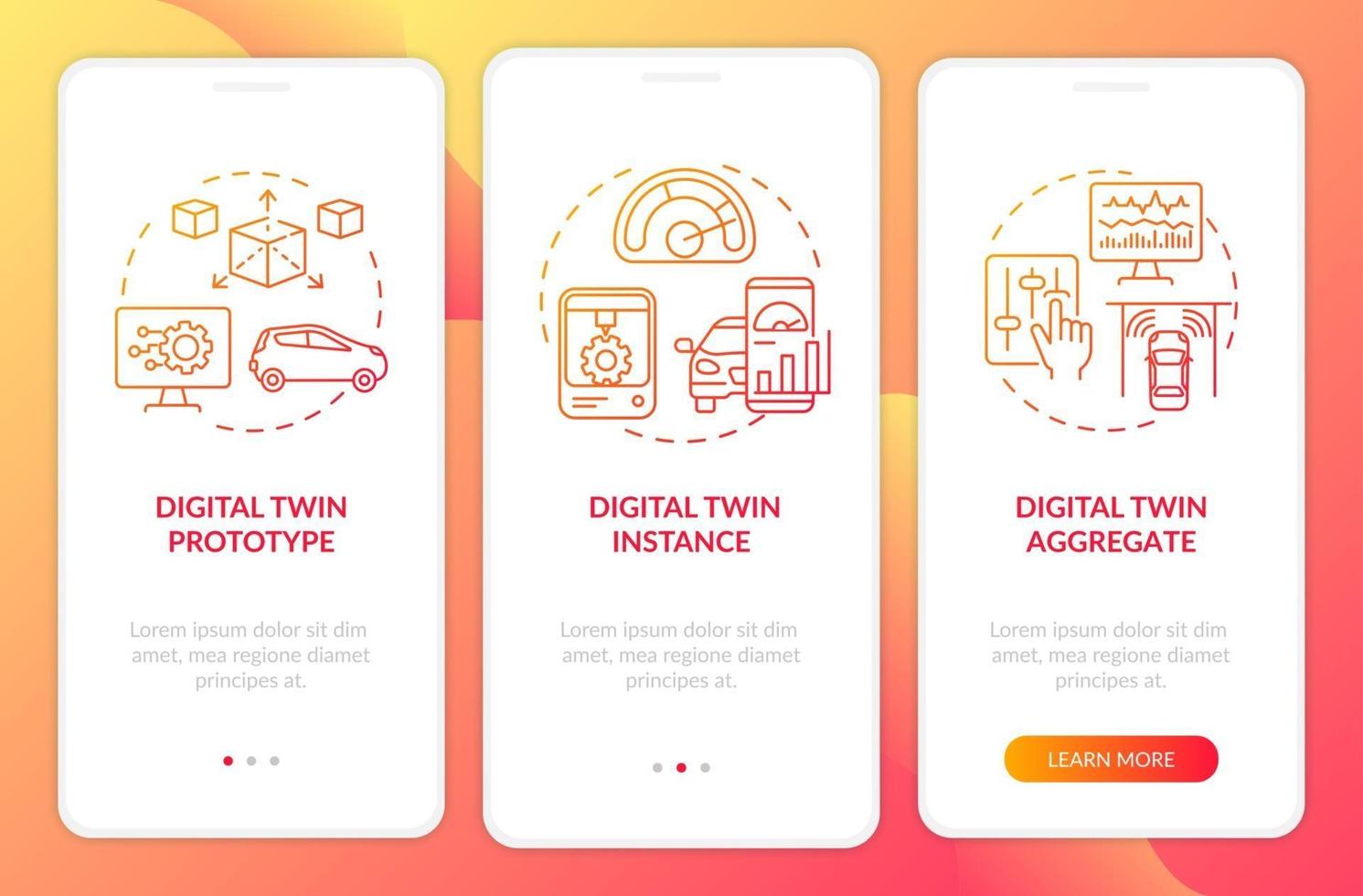 digital twin types onboarding mobiele app paginascherm vector