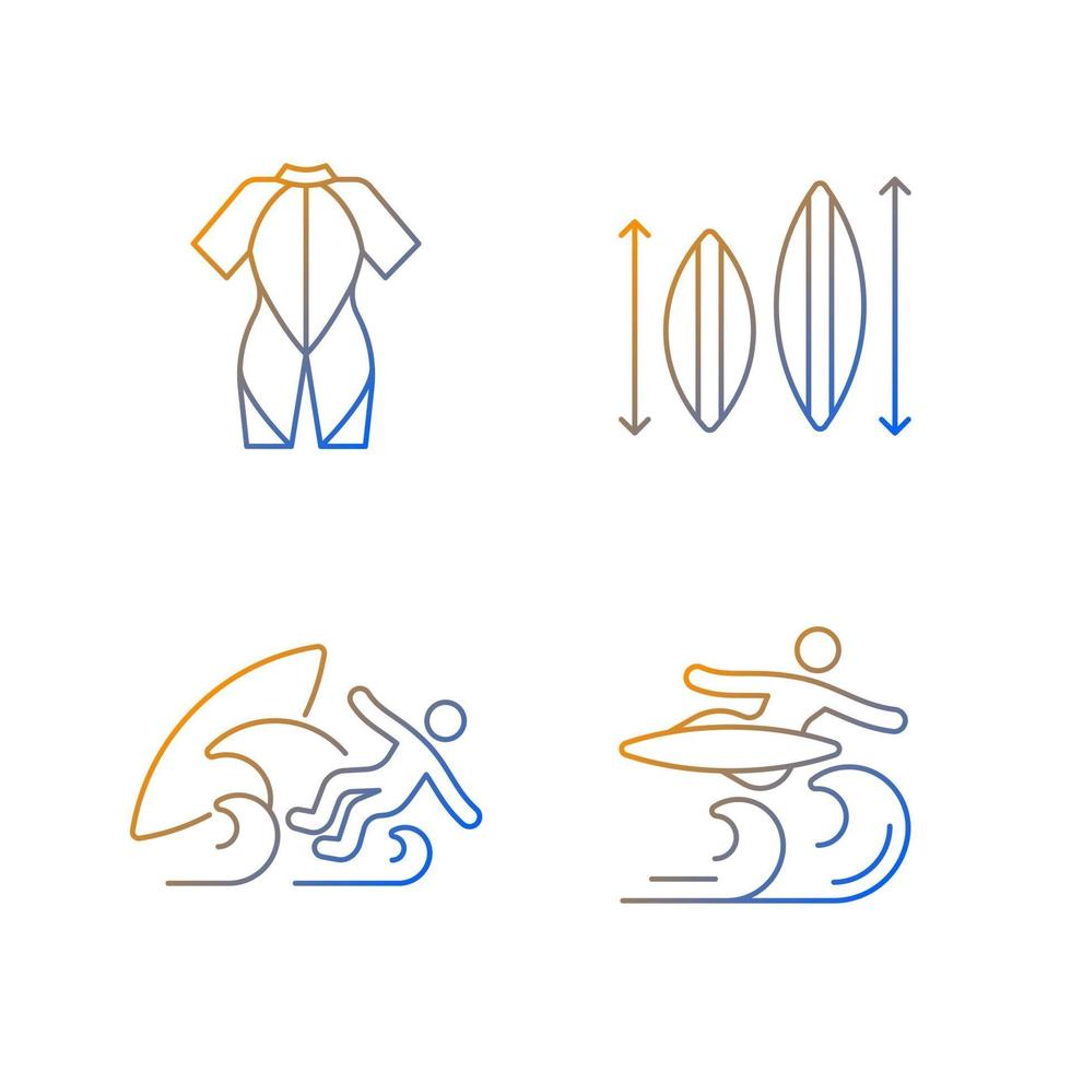 surf riding gradiënt lineaire vector iconen set