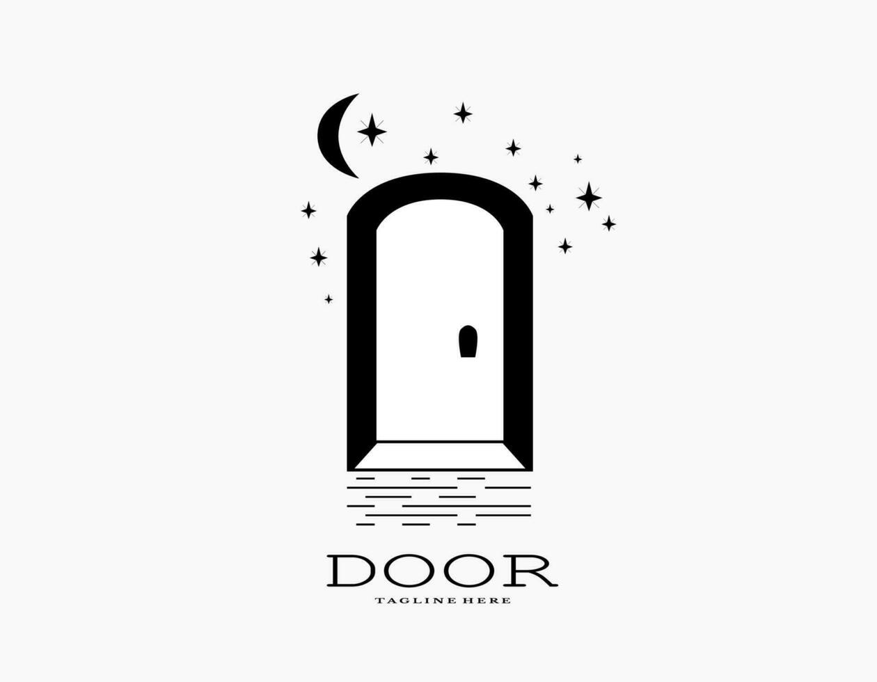 droom van deur icoon met zwart en wit. esthetisch deuropening logo met sterren en maan. modieus boog architectuur Ingang en trap vector. vector