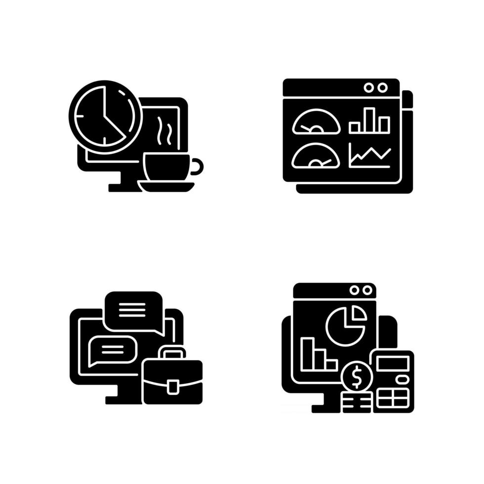 werk volgen zwarte glyph-pictogrammen ingesteld op witruimte vector