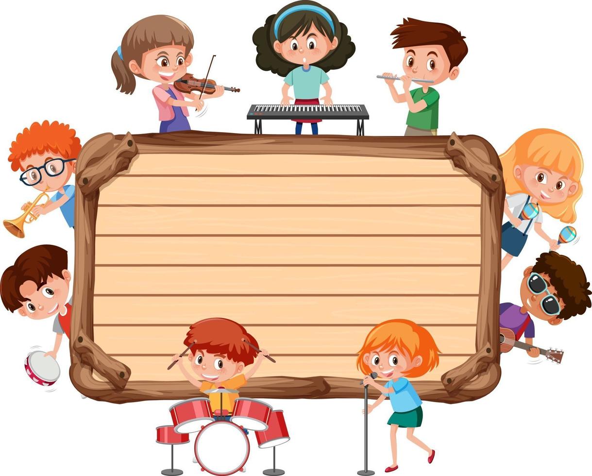 leeg houten bord met kinderen die verschillende muziekinstrumenten bespelen vector