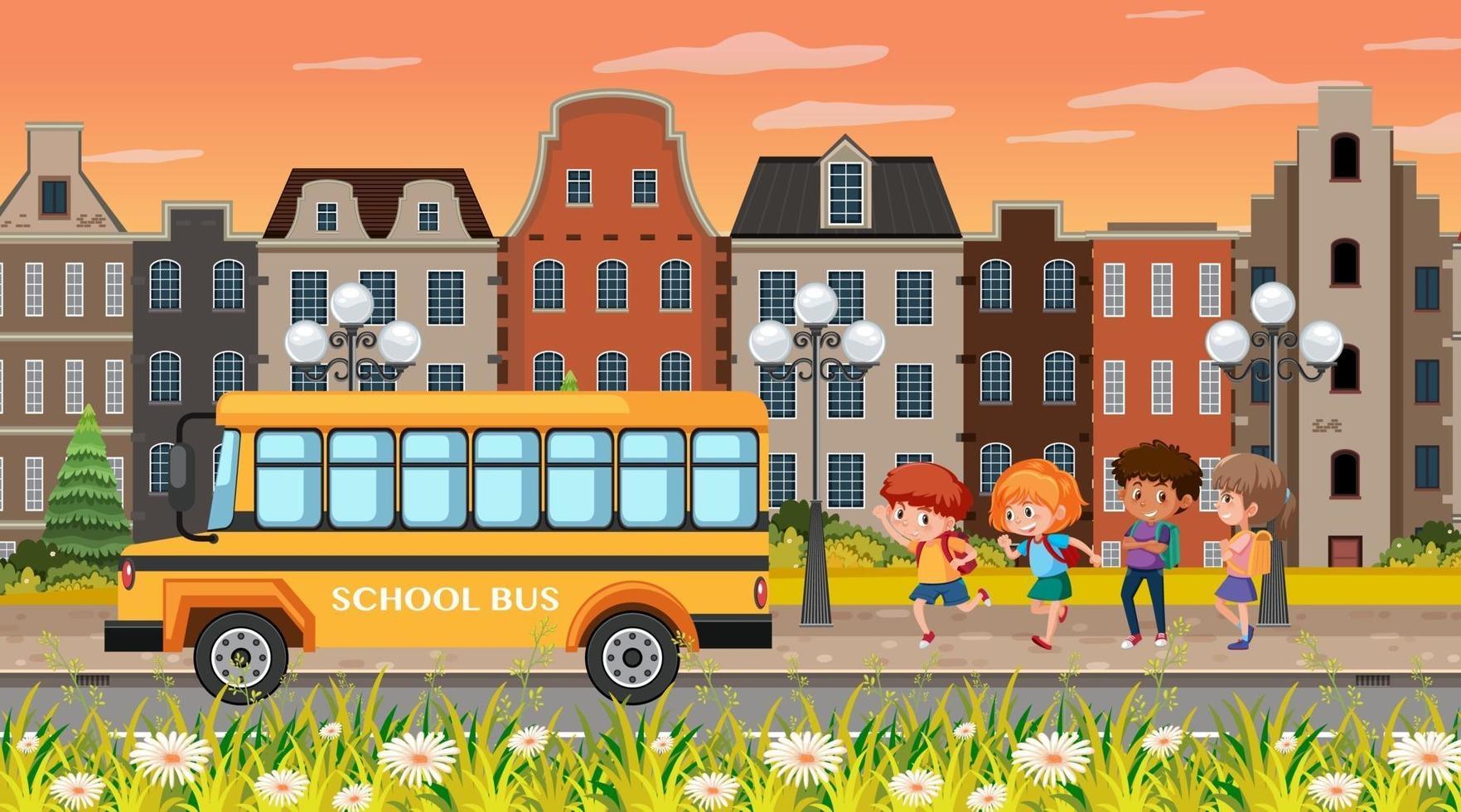 stad achtergrondscène met kinderen die naar de schoolbus gaan vector