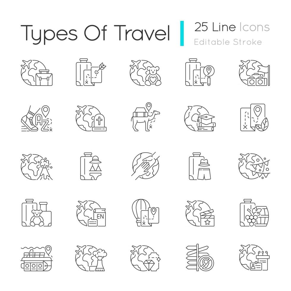 soorten reizen lineaire pictogrammen set vector