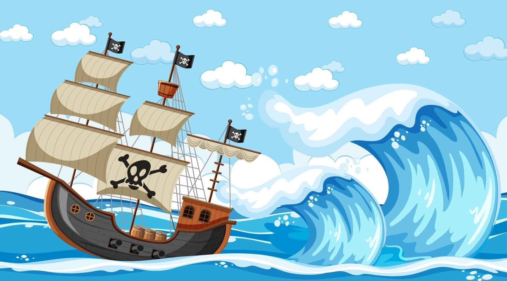 oceaanscène overdag met piratenschip in cartoonstijl vector