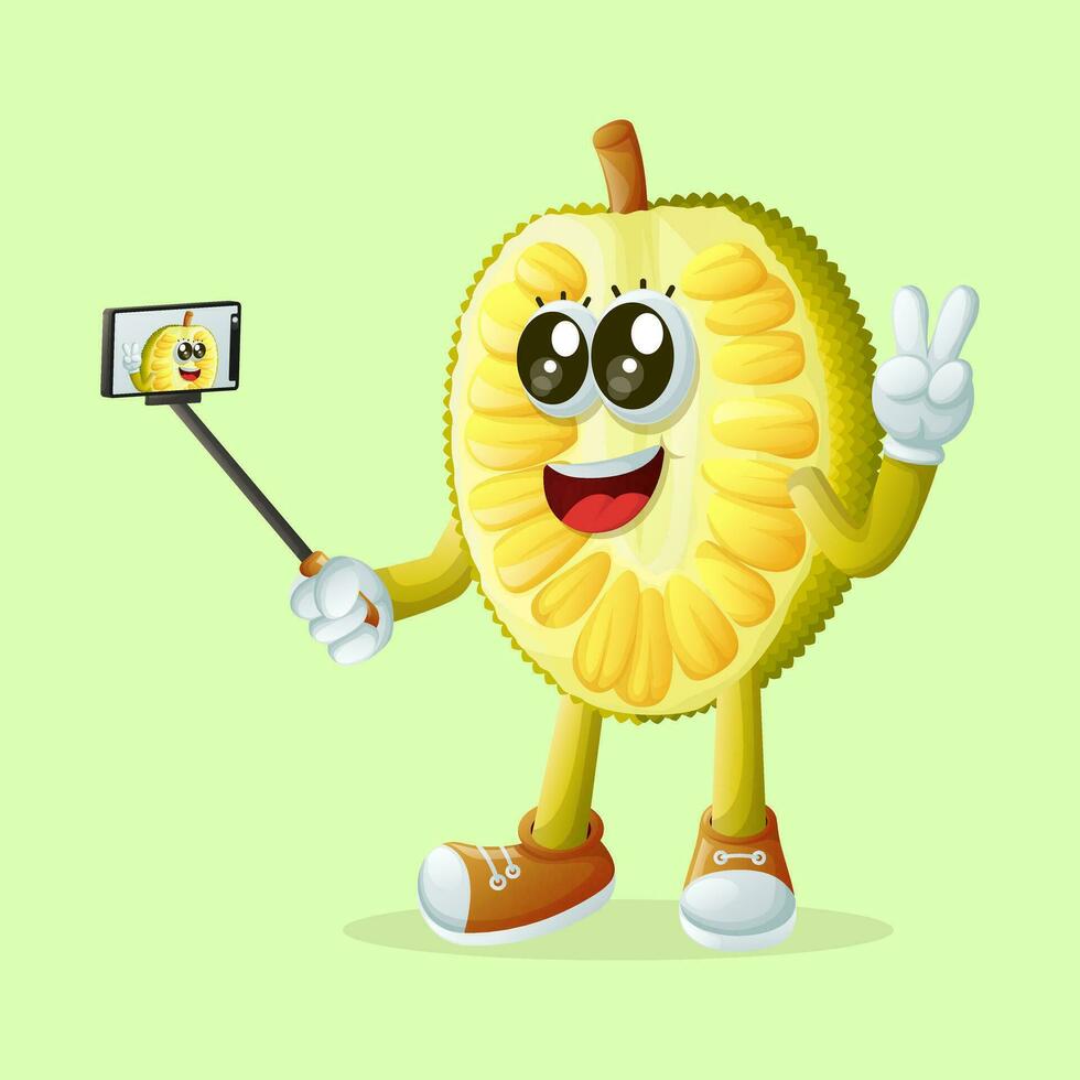 jackfruit karakter nemen een selfie met een smartphone vector