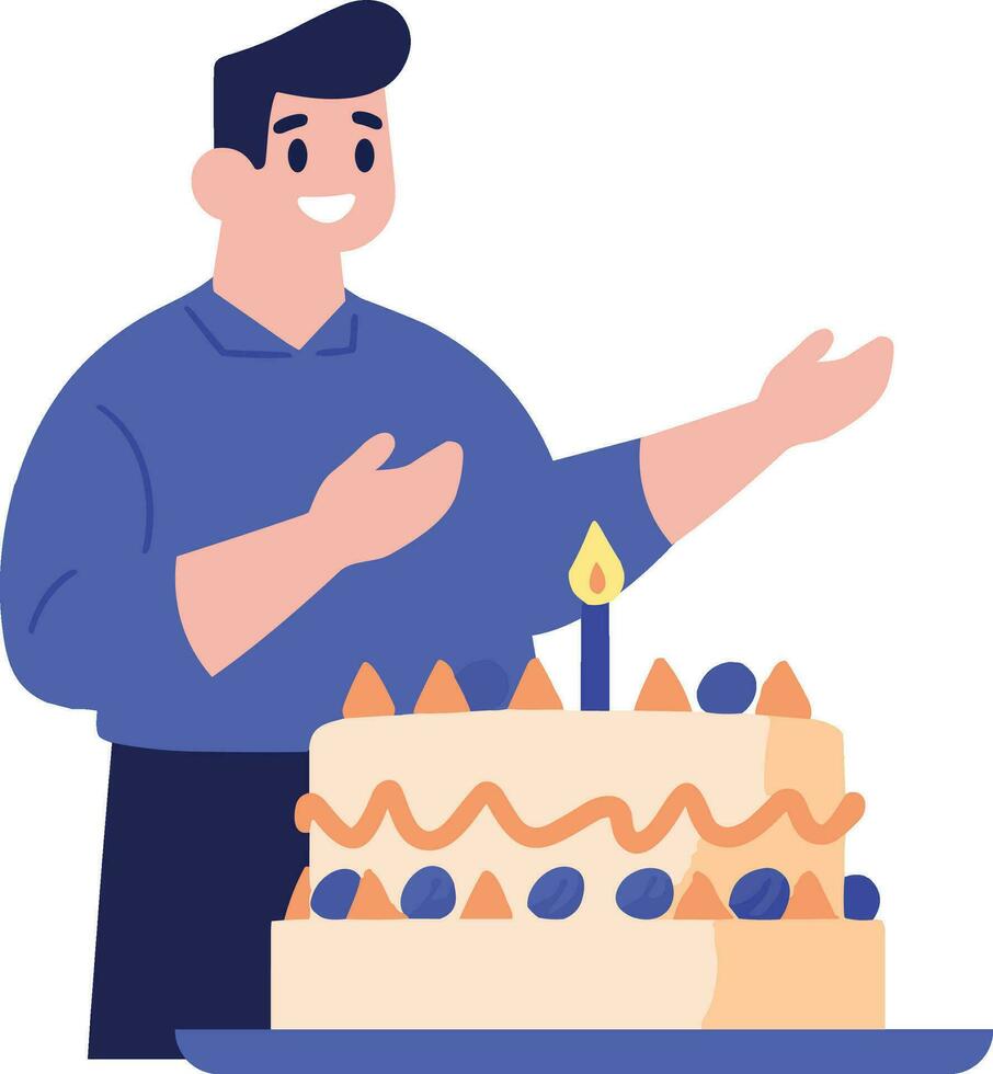 hand- getrokken mannetje karakter met verjaardag taart in vlak stijl vector