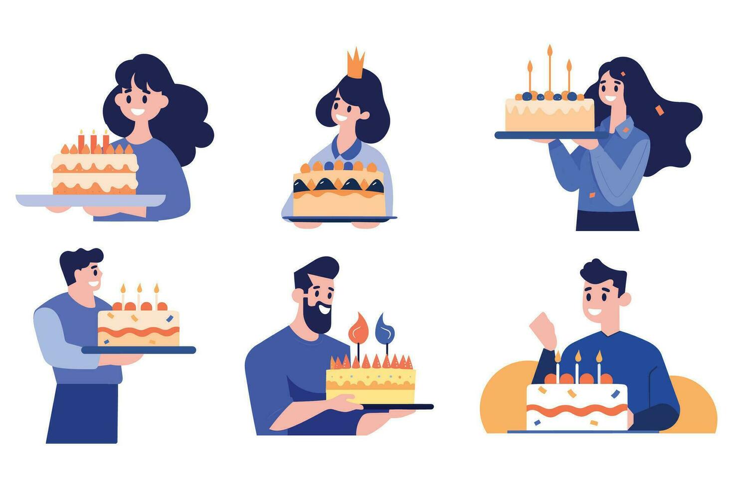 hand- getrokken karakter met verjaardag taart in vlak stijl vector