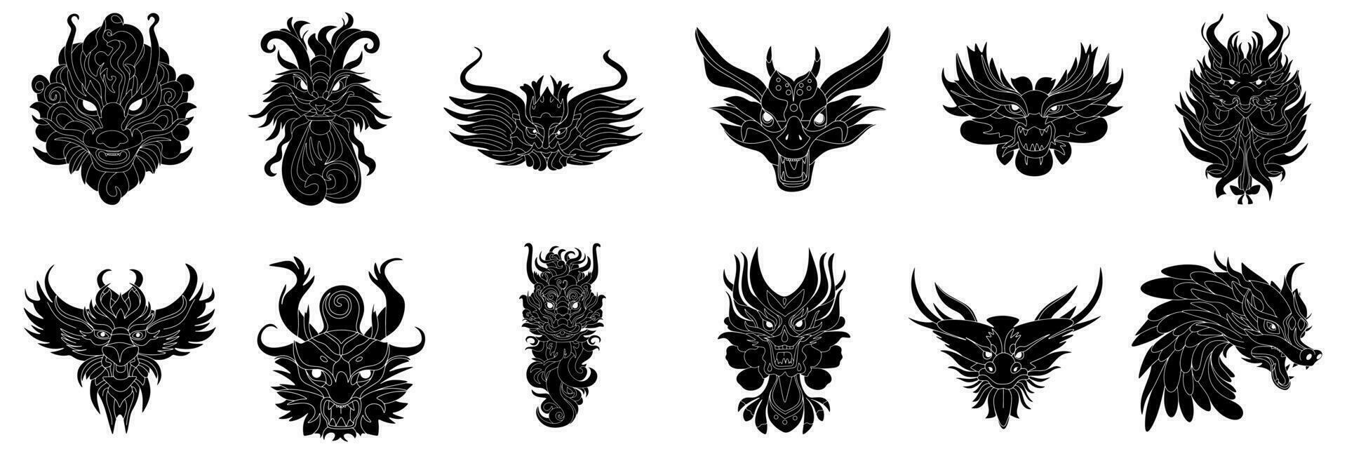 reeks van draken hoofd silhouet. hand- getrokken draak gezicht silhouet symbool van 2024 jaar. vector illustratie.