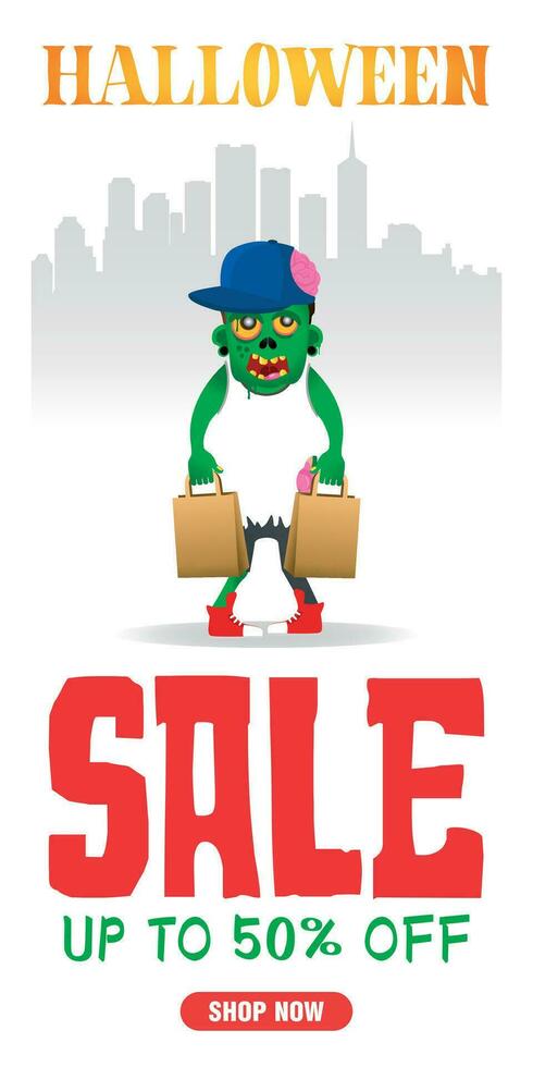 halloween uitverkoop wit poster, banier met zombie jong jongen. uitverkoop omhoog naar 50 uit. uitverkoop halloween grafisch ontwerp vector