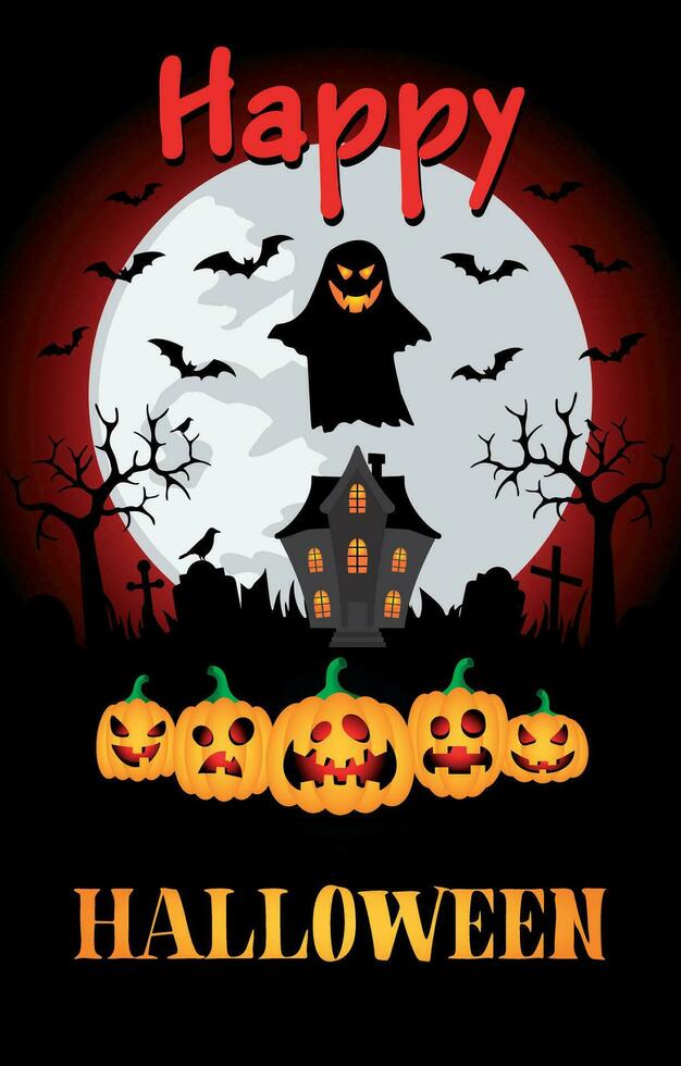 gelukkig halloween poster met griezelig achtervolgd huis. halloween groet kaart vector