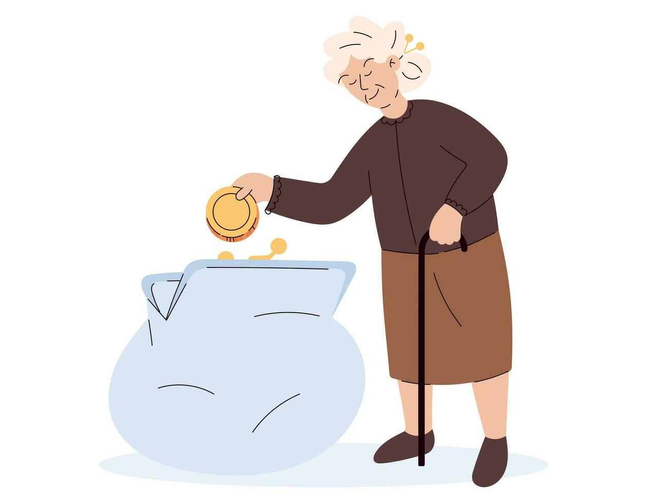 concept van financiën en besparing geld. een tekenfilm oud vrouw met een stok het werpen een goud munt in een reusachtig portemonnee. vector geïsoleerd vlak illustratie, pensioen accumulatie.
