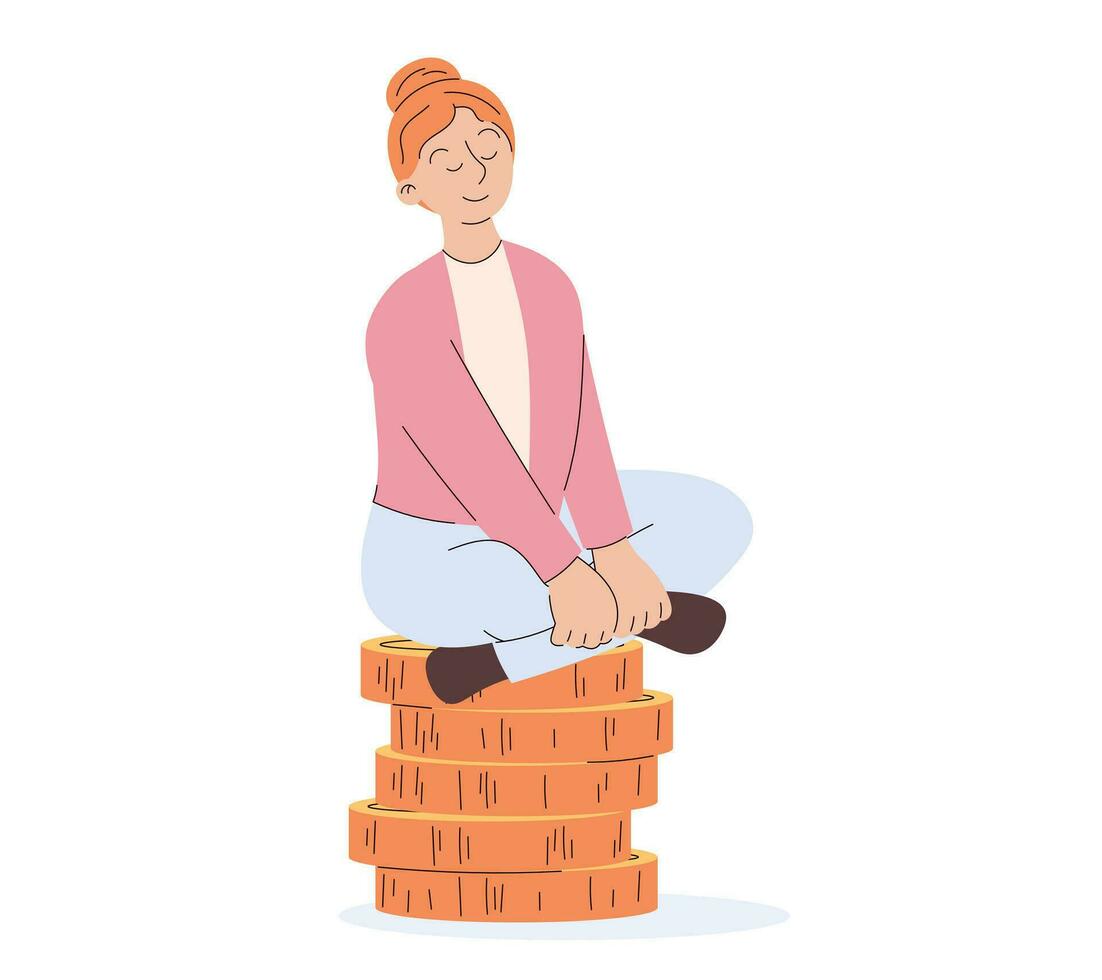 tekenfilm meisje zittend Aan een stack van reusachtig goud munten. vrouw besparing geld concept. vector geïsoleerd financieel vlak illustratie.