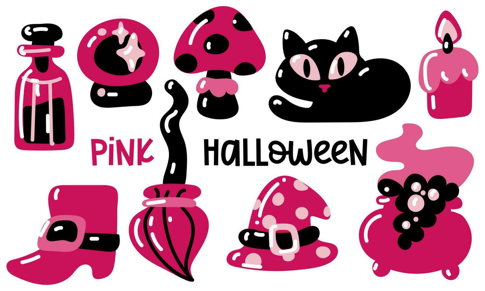 gelukkig roze halloween schattig vector reeks van tekeningen met tekenfilm kat, vergif, bezem, vlieg zwam, glas bal, kaars, ketel, schoen en heks hoed. elementen in roze en zwart tonen in een vlak stijl sticker