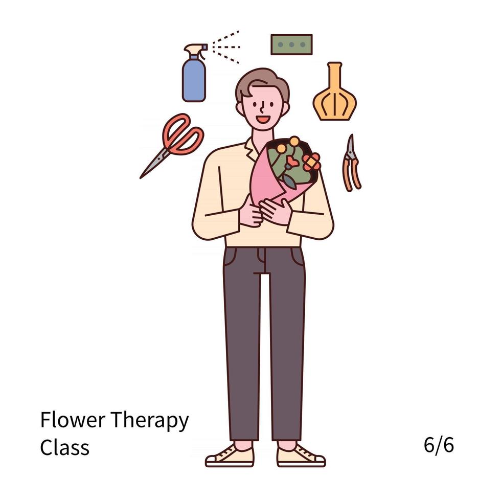 een man houdt een boeket bloemen vast en doet bloementherapie. vector