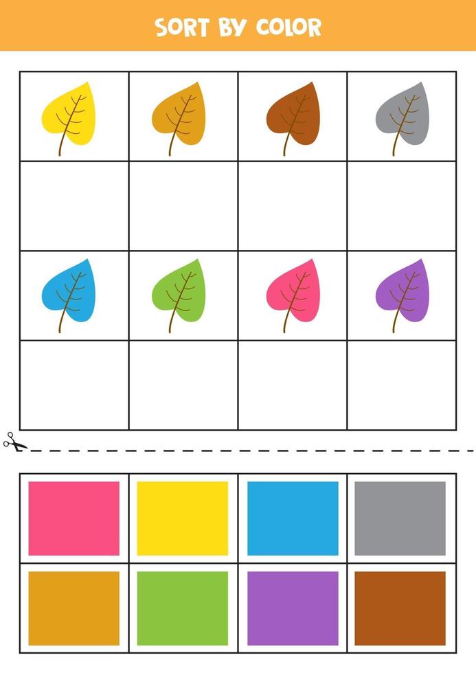 sorteer foto's op kleur. tekenfilm bladeren. spel voor kinderen. knip en lijm. vector