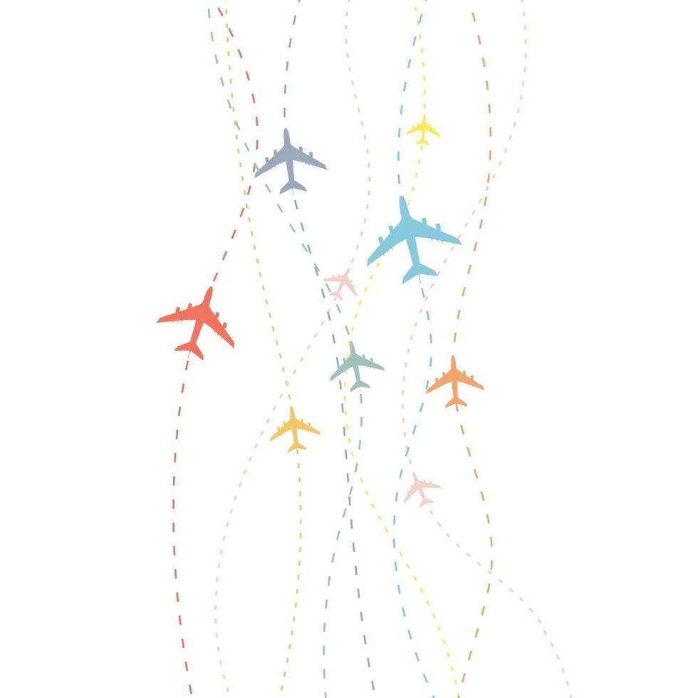 kleurrijke vliegtuig lijn pad. stippellijnen vliegroutes van luchtvaartmaatschappij. vector