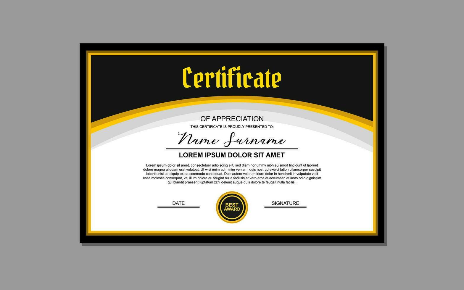 een certificaat sjabloon met een elegant goud en zwart ontwerp. geschikt voor creëren professioneel certificaten voor onderscheidingen, prestaties, en herkenning in divers industrieën. vector