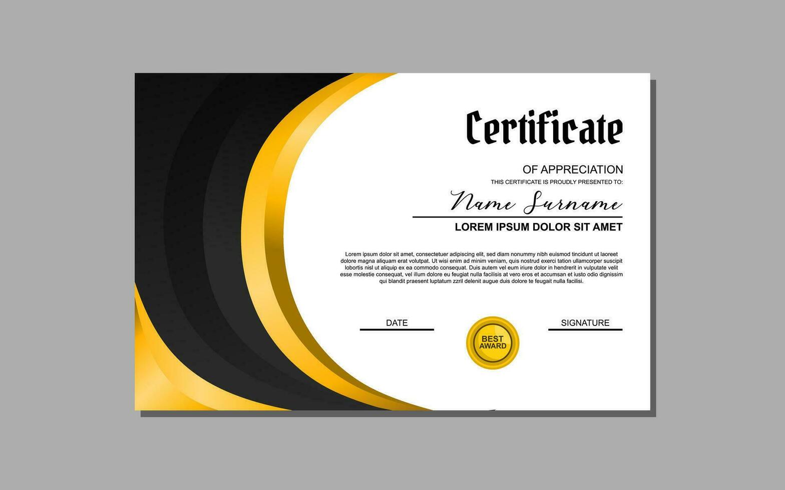 een certificaat sjabloon met een elegant goud en zwart ontwerp. geschikt voor creëren professioneel certificaten voor onderscheidingen, prestaties, en herkenning in divers industrieën. vector