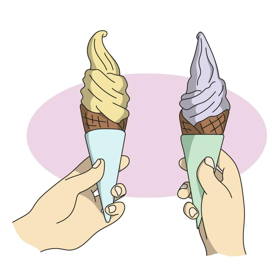detailopname twee handen Holding chocola ijs room illustratie vector hand- getrokken geïsoleerd Aan wit achtergrond