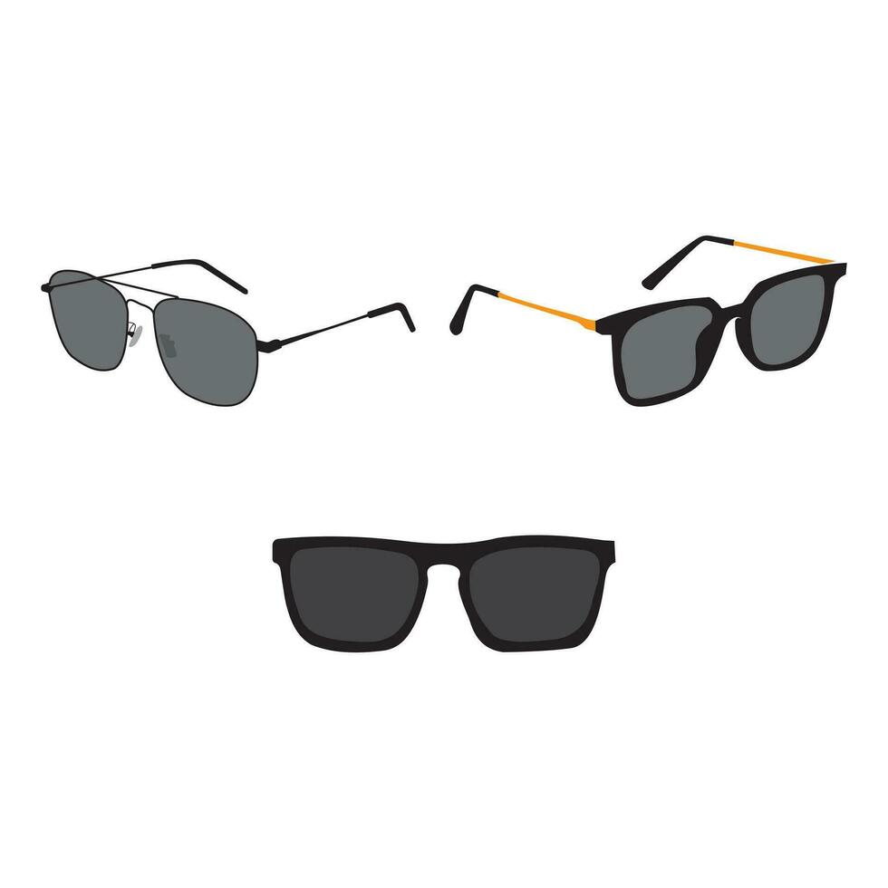 zwart zonnebril set.zonnebril pictogrammen. zwart zonnebril, Mannen bril silhouet en retro eyewear icoon. gepolariseerd geek bril, hipster zon lens oculair. vector