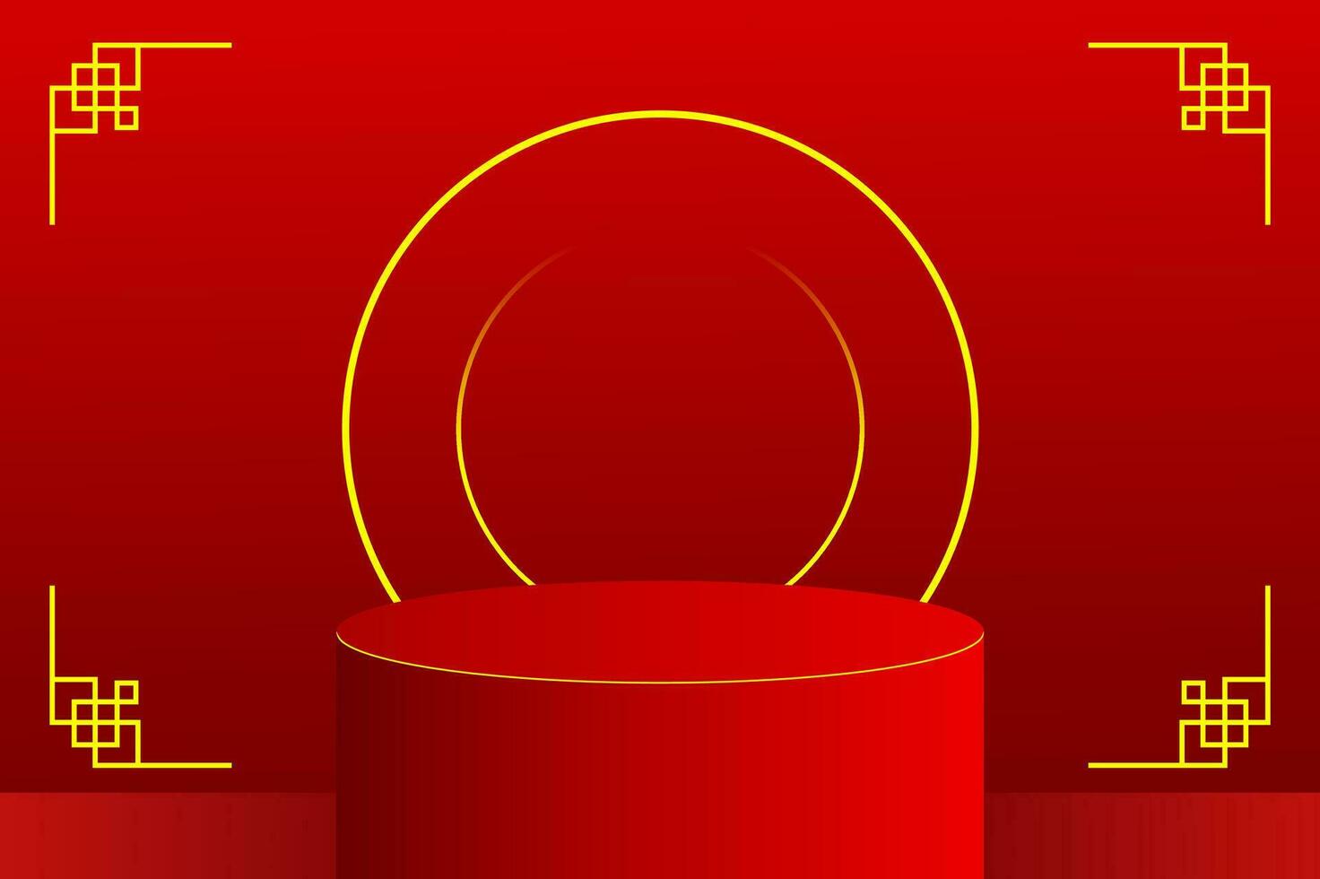 exclusief abstract 3d minimaal mockup tafereel. geometrie rood podium vorm met gouden ring voor tonen Product Scherm naar vieren Chinese nieuw jaar. 3d vector met een Chinese patroon.