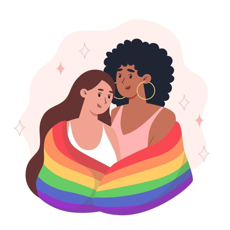 jonge vrouwenpaar omhelzen elkaar en houden een regenboog lgbt-trotsvlag vast vector