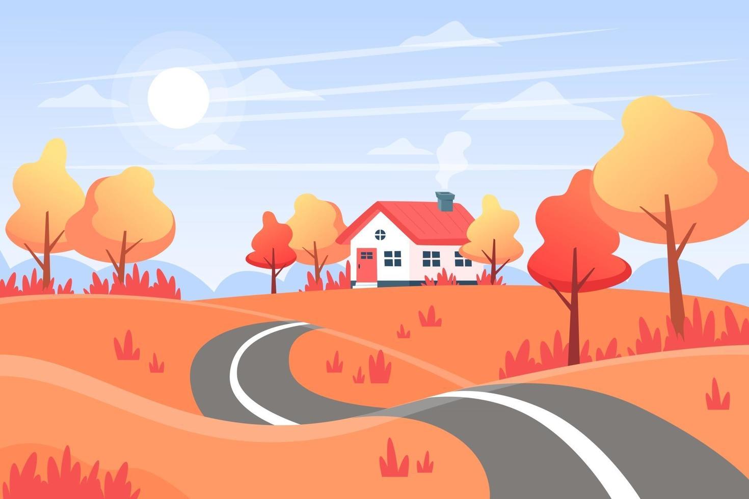 herfstlandschap met een weg, heuvels en een huis in de verte vector