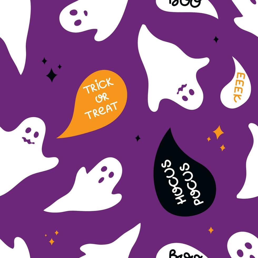 gelukkig halloween patroon.schattig wit geesten met bubbel toespraak Aan de Purper achtergrond. naadloos patroon met tekenfilm karakters. vector