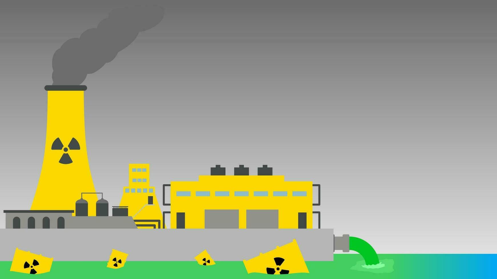 nucleair fabriek radioactief verspilling landschap vector illustratie. sociaal kwestie van nucleair fabriek verontreiniging naar water en lucht. illustratie van nucleair fabriek onwettig verspilling naar milieu