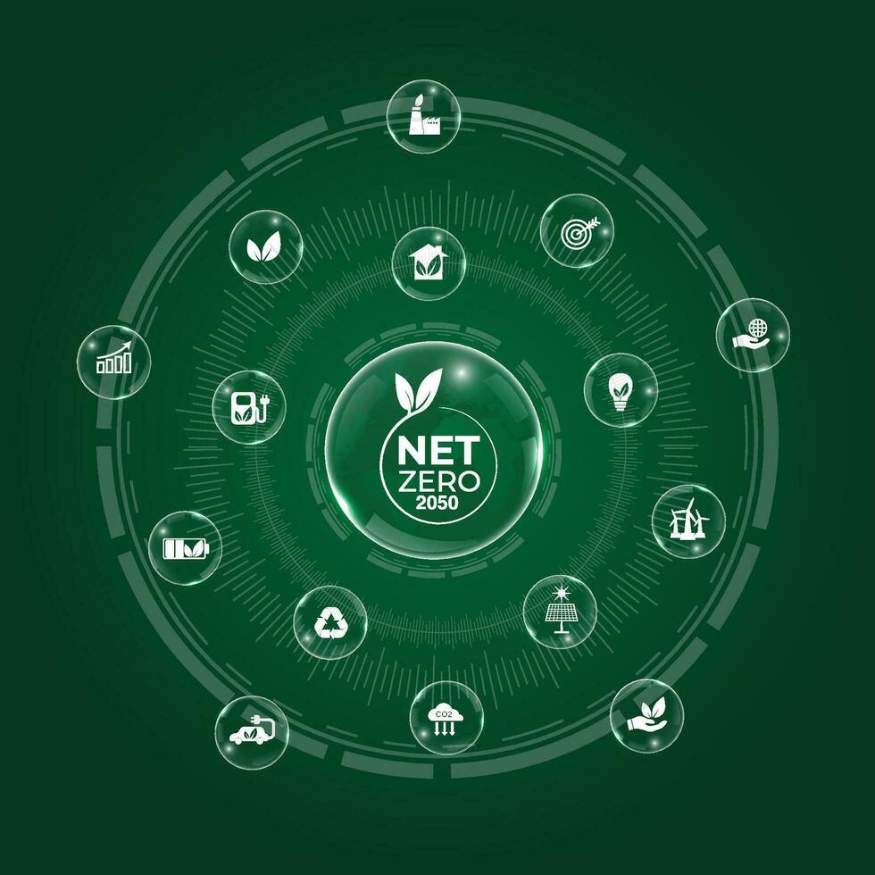 transparant bubbel achtergrond met koolstof neutrale concept. netto nul kas gas- uitstoot doelwit vector