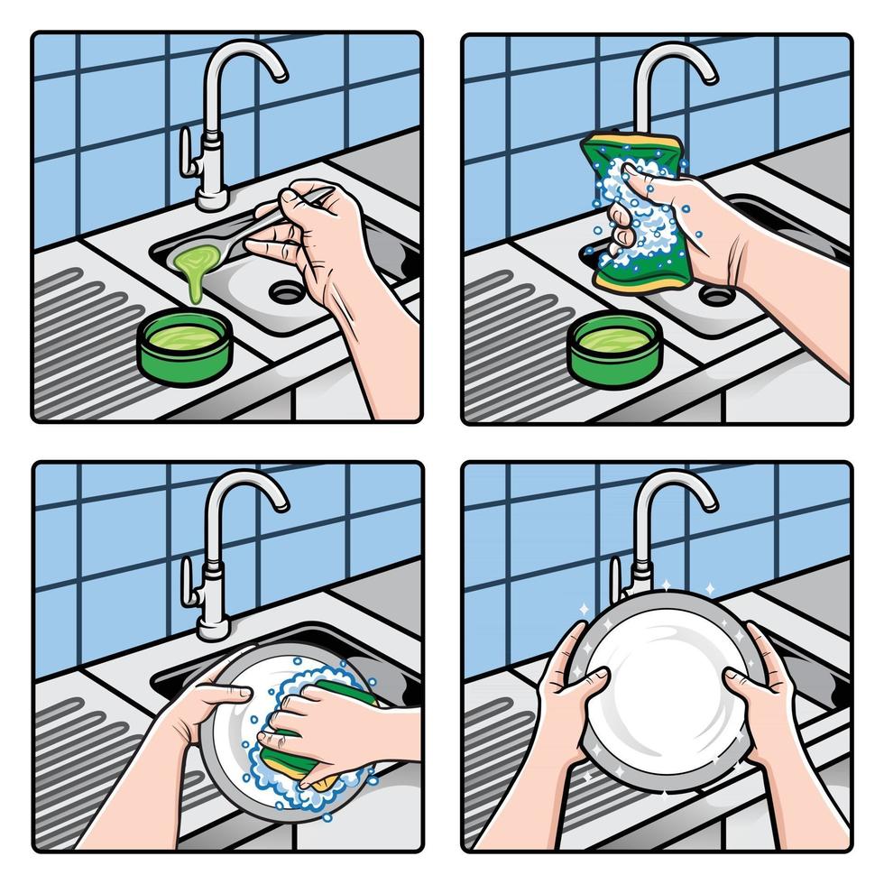 handen afwassen met spons en zeepsop illustratie vector