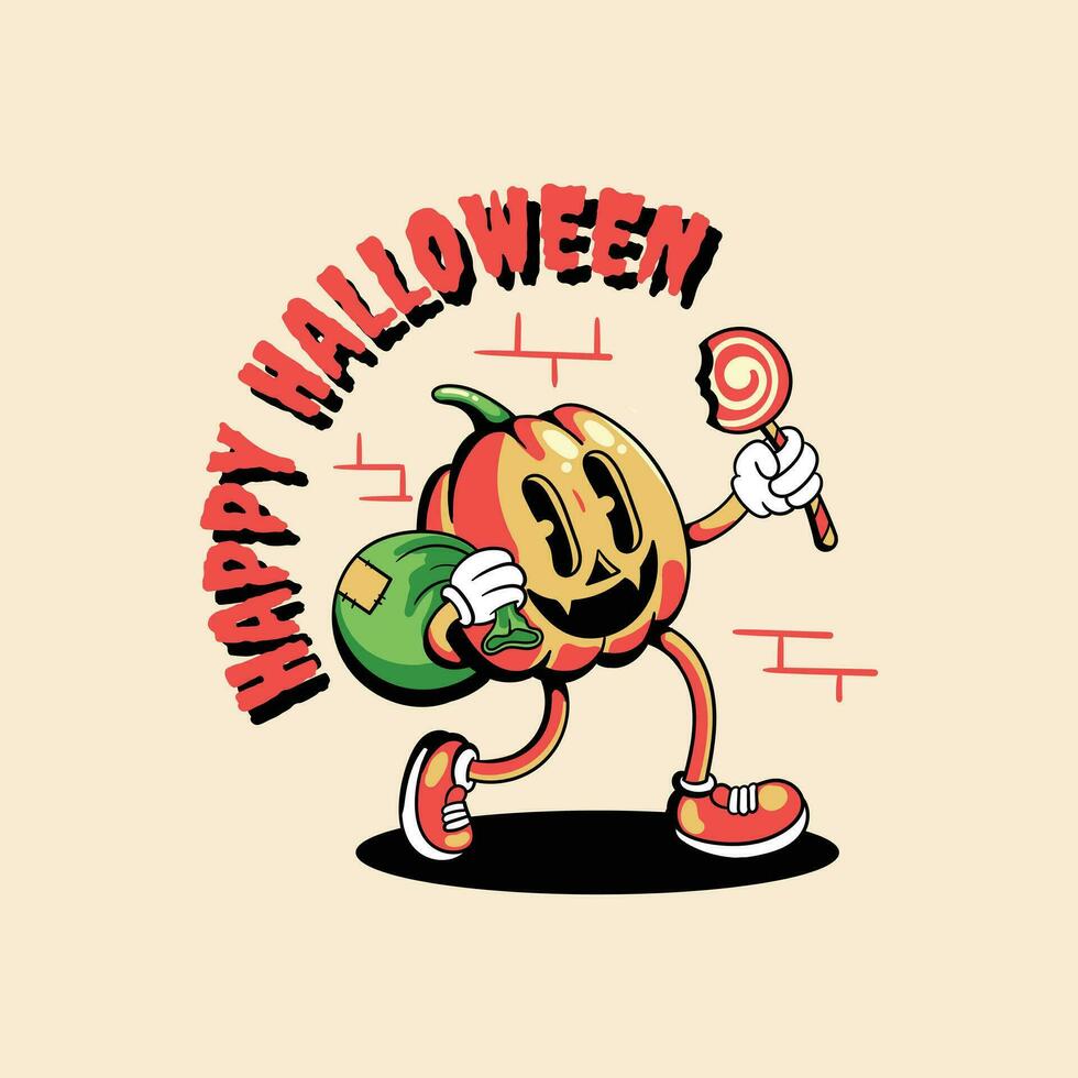 gelukkig halloween pompoen wijnoogst retro karakter vector