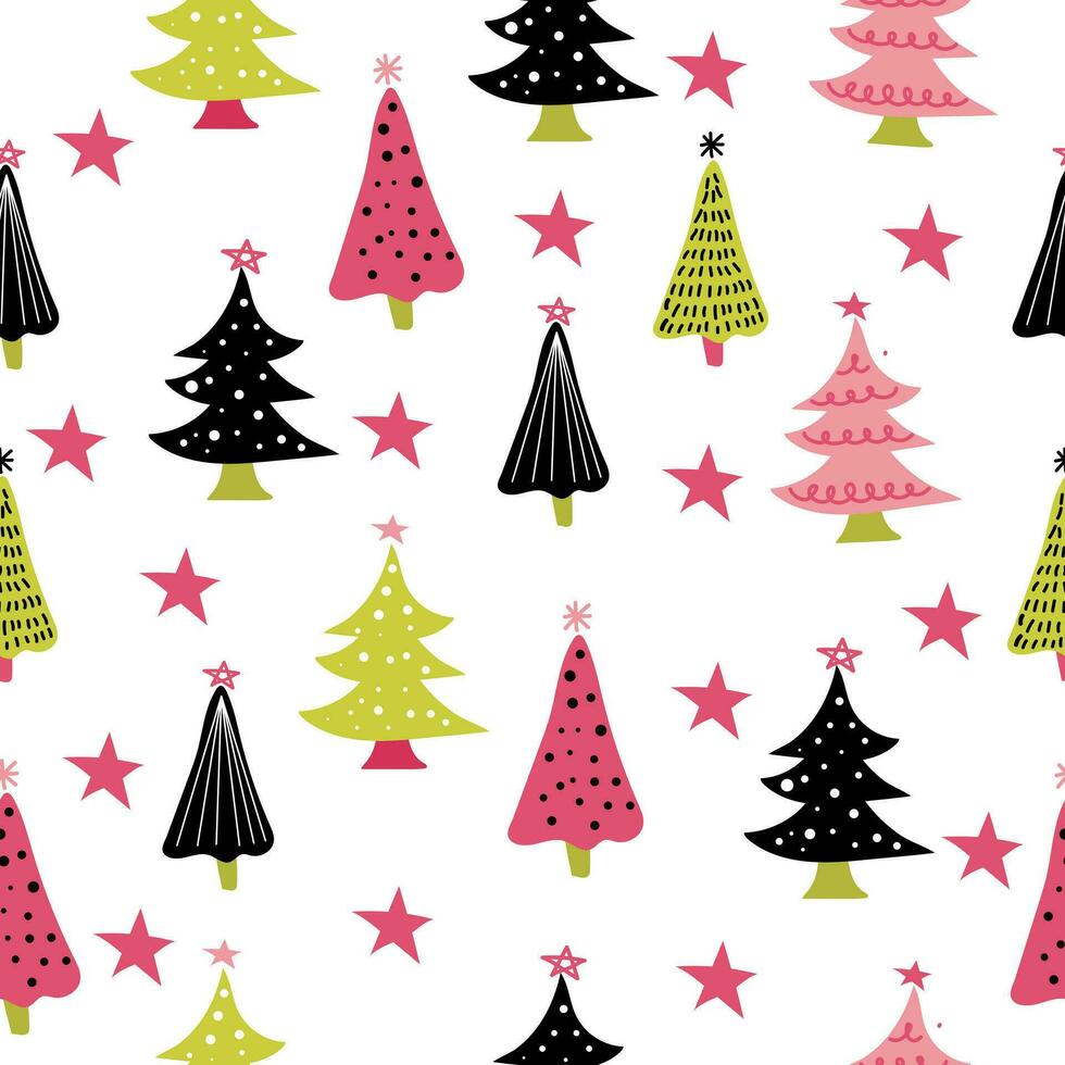 kleurrijk Kerstmis naadloos patroon met Kerstmis bomen in vrolijk, helder kleuren en zwart. vector