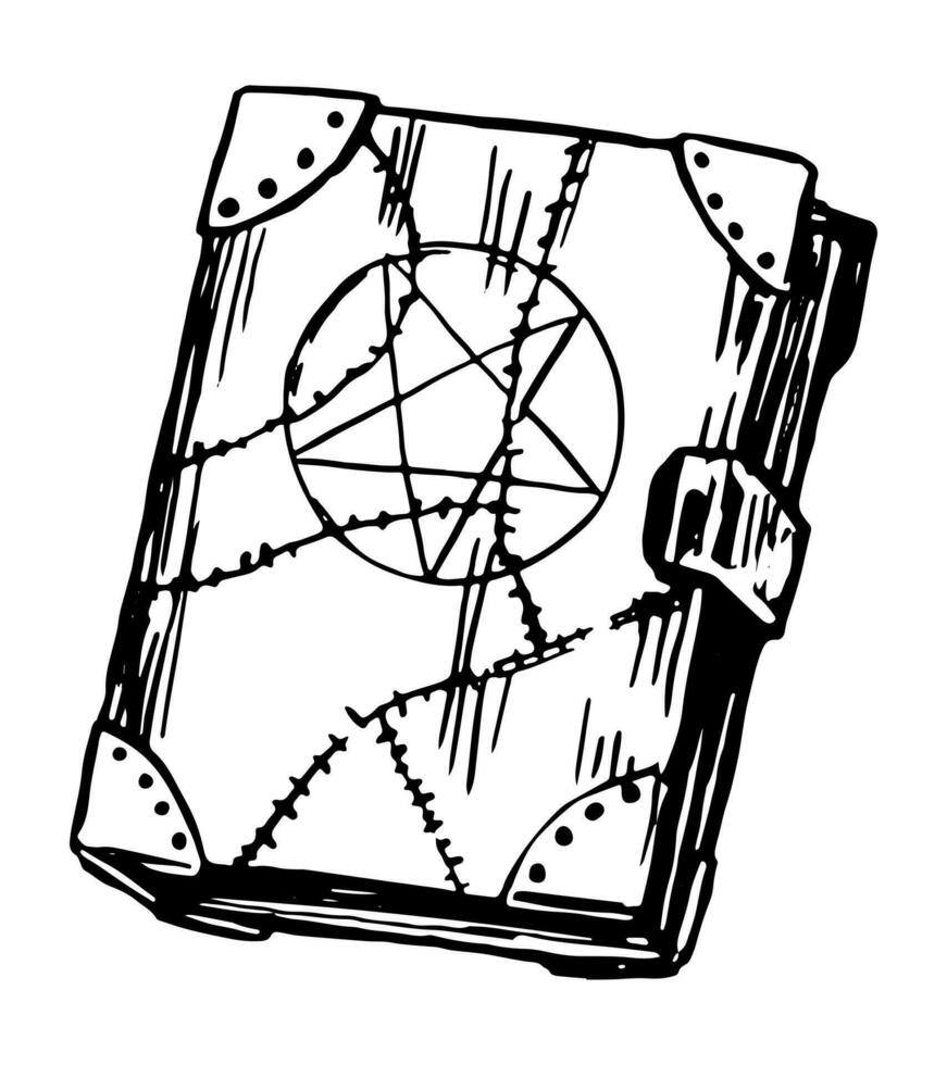 magie boek, boek van spreuken en hekserij. occult heks item inkt schetsen geïsoleerd Aan wit. halloween hand- getrokken vector illustratie in retro stijl.