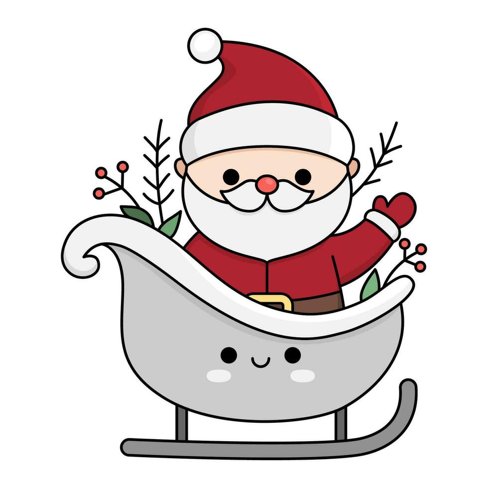 vector gekleurde kawaii de kerstman claus Aan slee. schattig vader vorst illustratie geïsoleerd Aan wit achtergrond. kerstmis, winter of nieuw jaar karakter Aan slee. grappig tekenfilm vakantie icoon