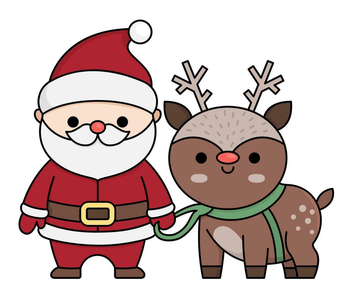 vector gekleurde kawaii de kerstman claus met hert. schattig vader vorst illustratie geïsoleerd Aan wit. kerstmis, winter of nieuw jaar karakter met rendier. grappig tekenfilm vakantie icoon