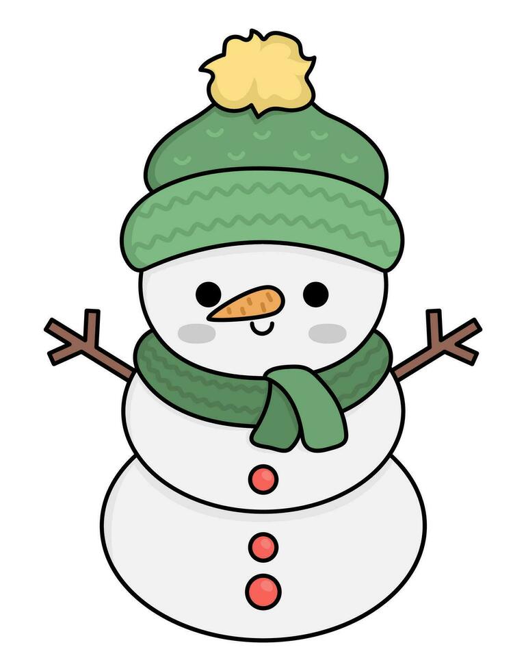 vector gekleurde kawaii sneeuwman in hoed en sjaal. schattig Kerstmis karakter illustratie geïsoleerd Aan wit achtergrond. nieuw jaar of winter glimlachen sneeuw Mens. grappig tekenfilm vakantie icoon