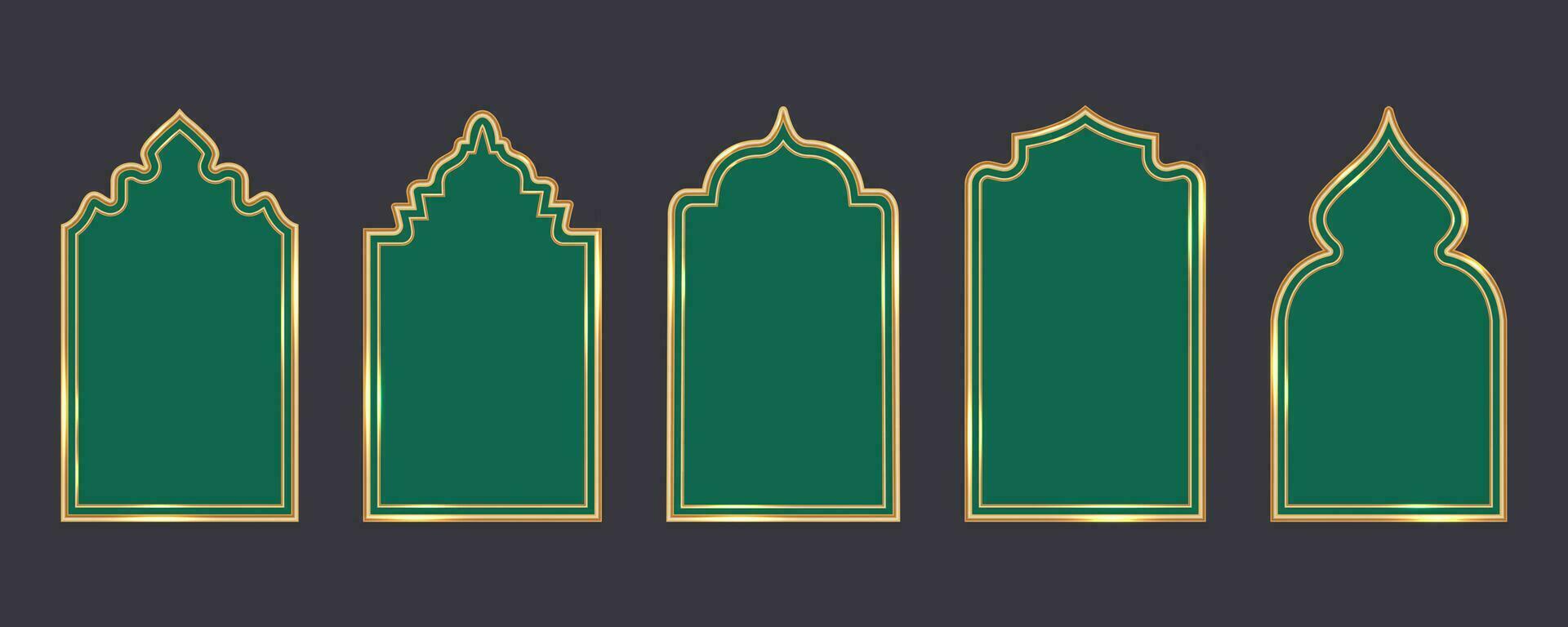 Ramadan venster kader vormen. Islamitisch gouden bogen. moslim moskee elementen van architectuur met ornament. Turks poorten en deuren set. vector