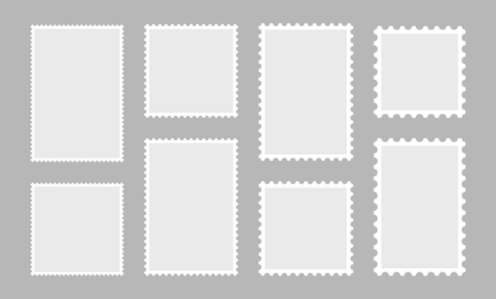 blanco reeks van 8 port postzegels. papier poststempels voor mail brief geïsoleerd Aan grijs achtergrond. vector illustratie.