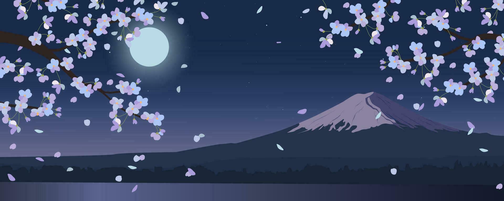 de maan stijgende lijn over- monteren fuji, hangende takken van Japans sakura. voorjaar nacht. horizontaal visie, Hanami tijd. ontwerp voor reizen spandoeken, reis, uitnodigingen. een landschap met een sterrenhemel lucht. vector