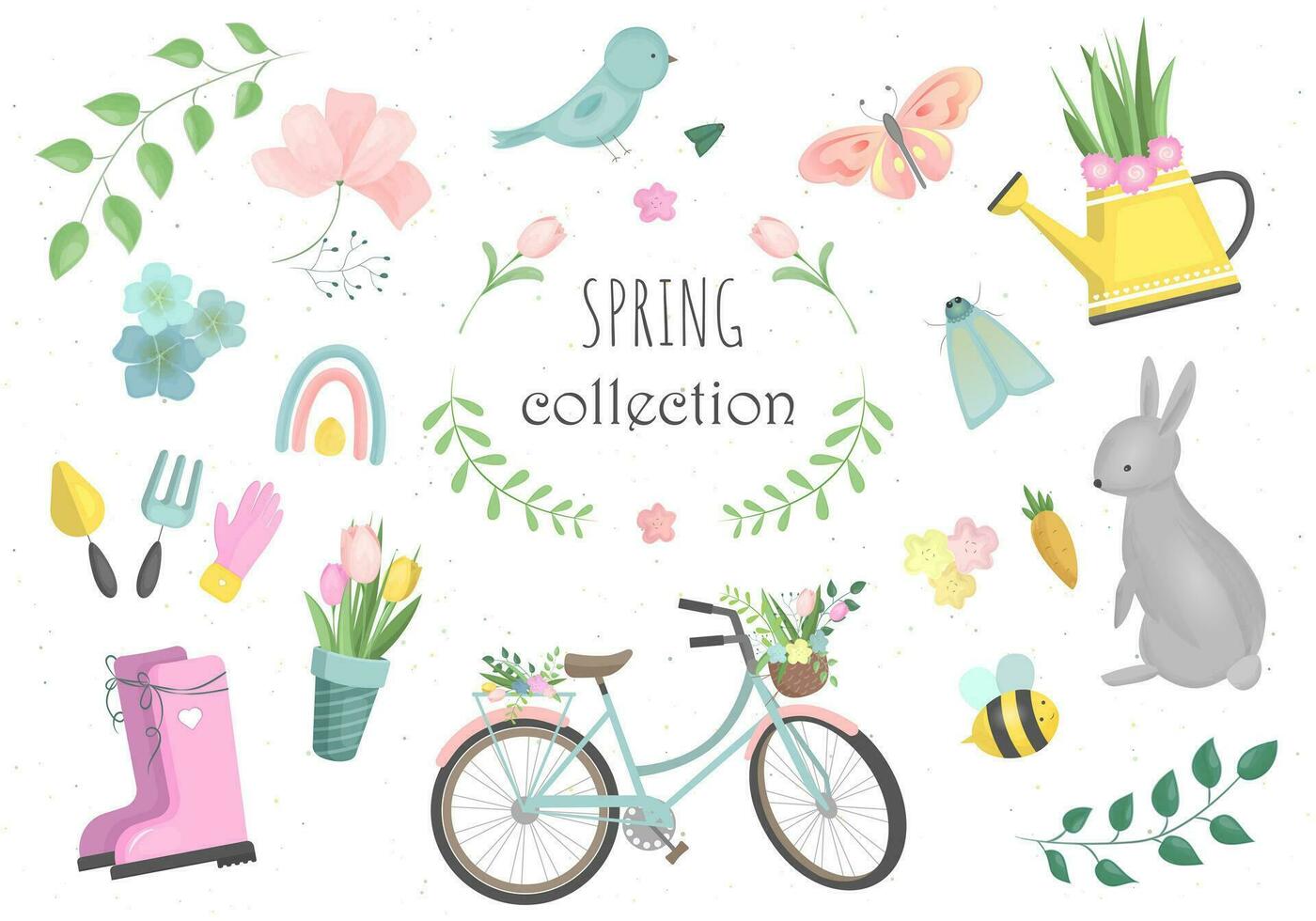 voorjaar set, vector elementen - bloemen, vogel, fiets, rubberlaarzen en ander. vector illustratie. perfect voor groet kaart, scrapbooken, partij uitnodiging, poster, label, sticker uitrusting.