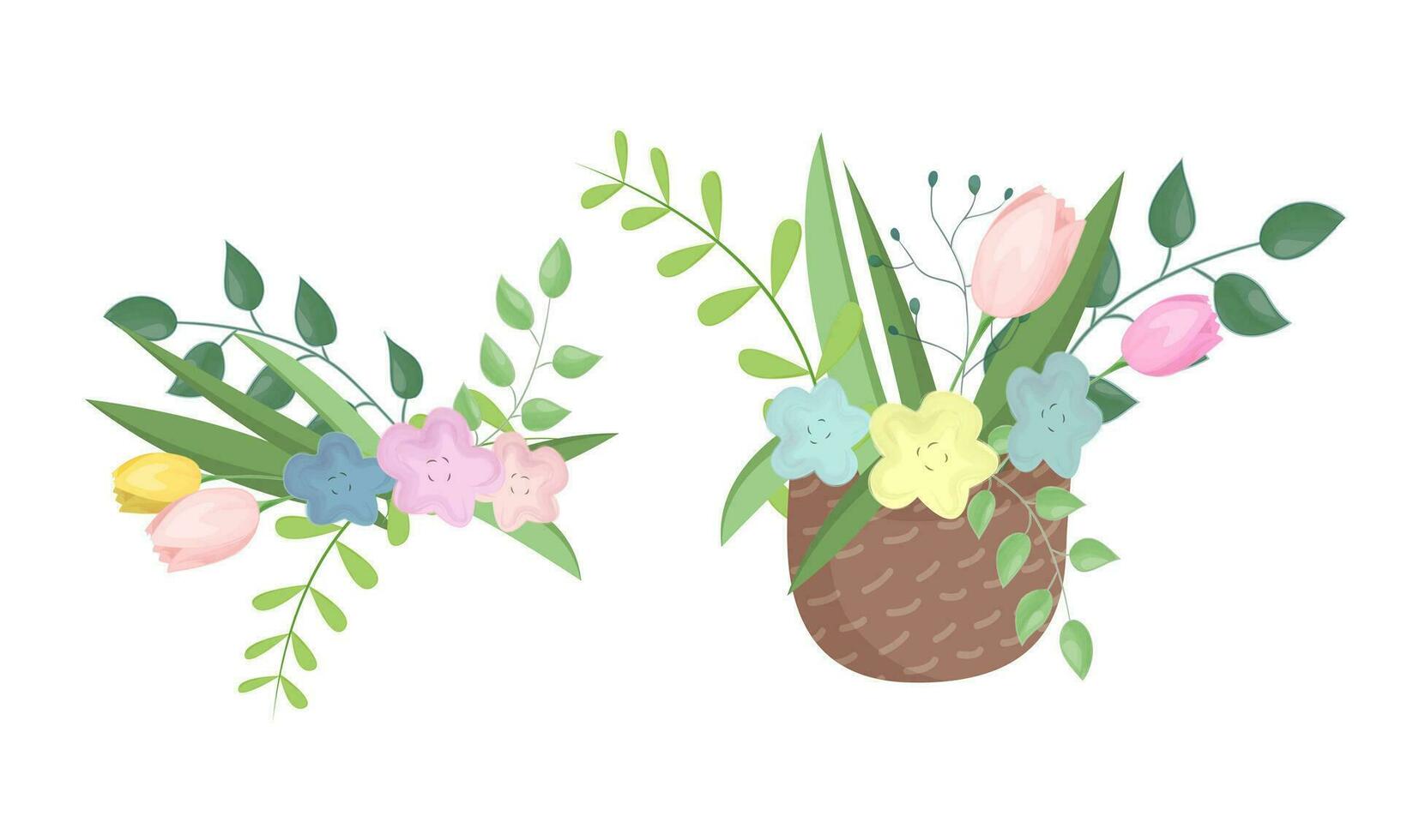 schattig vector mand met voorjaar bloemen. vector boeketten. vector voorjaar illustratie