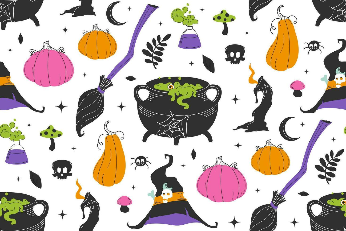 halloween naadloos patroon. heks magie artikelen. patroon voor achtergrond, het drukken Aan omhulsel papier, behang of kleding stof. vector vlak illustratie. halloween achtergrond.