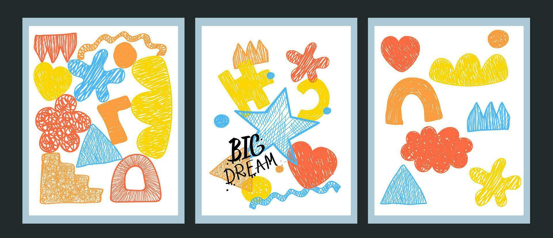 een reeks van posters met abstract textuur figuren. samenstelling van kinderen krabbels. vector illustratie