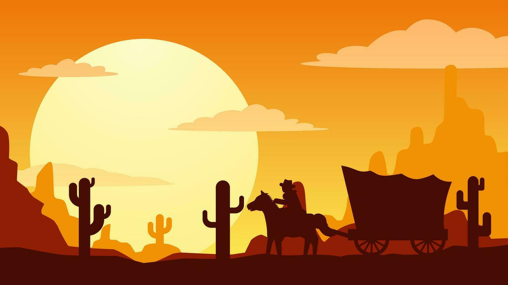 zonsondergang in de wild west woestijn landschap vector illustratie. cowboy met wagon in de wild west woestijn landschap. Amerikaans woestijn landschap voor achtergrond, behang of landen bladzijde