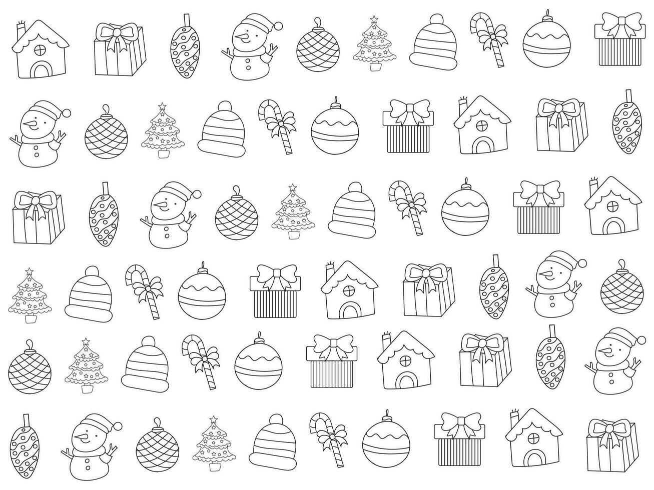 Kerstmis ornamenten reeks met sneeuwvlokken, hoeden, ster, Kerstmis boom, ballen, oranje, sok, geschenk, drinken en slingers. vector