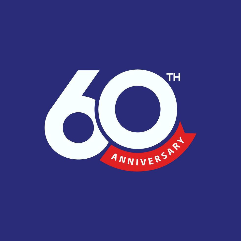 60e verjaardag banier ontwerp met modern brief logo O aantal 60 en rood lint Aan blauw achtergrond. bedrijf 60 jaren viering insigne ontwerp. verjaardag wensen sjabloon, poster, groet kaart. vector