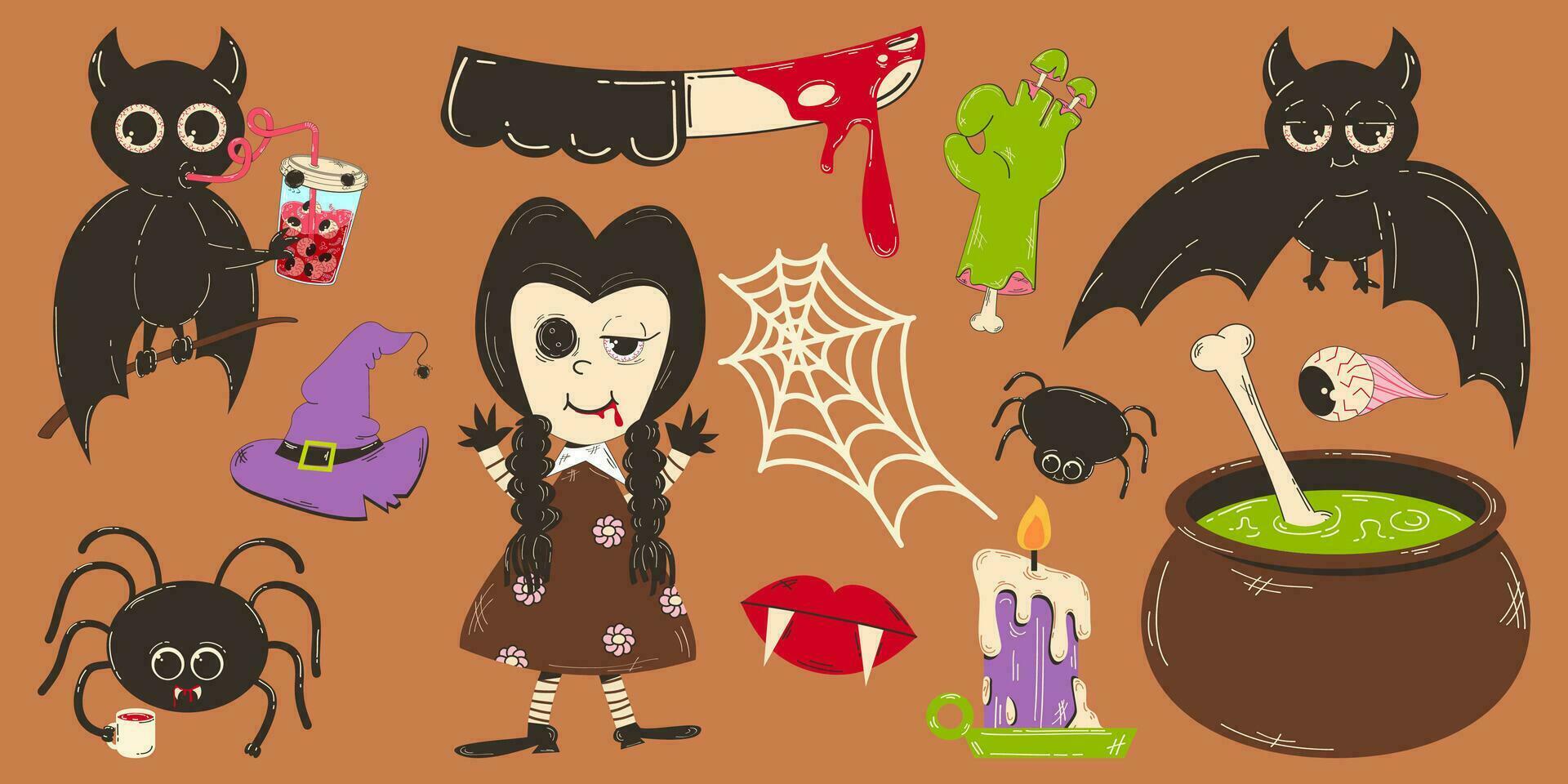 kleurrijk reeks van halloween elementen in retro tekenfilm stijl. een eng pop, een heks toverdrank, een knuppel drinken bloed, een zombie hand- en andere elementen. vector