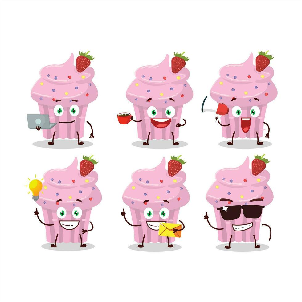aardbei muffin tekenfilm karakter met divers types van bedrijf emoticons vector